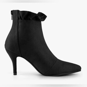 NEW BLACK BOOTS Ankle Heel Ruffle Pointed Toe Side Zip Faux Suede Stiletto 5.5